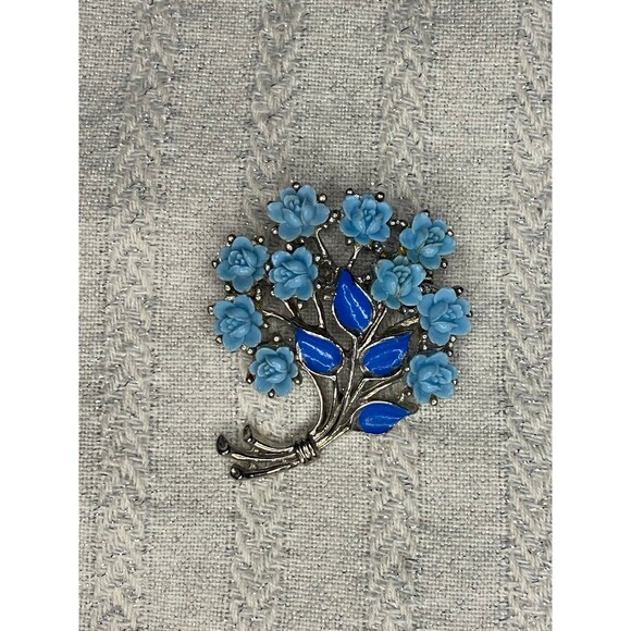 Vintage light blue celluloid enamel flower bunch brooch silver toned - Picture 5 of 7